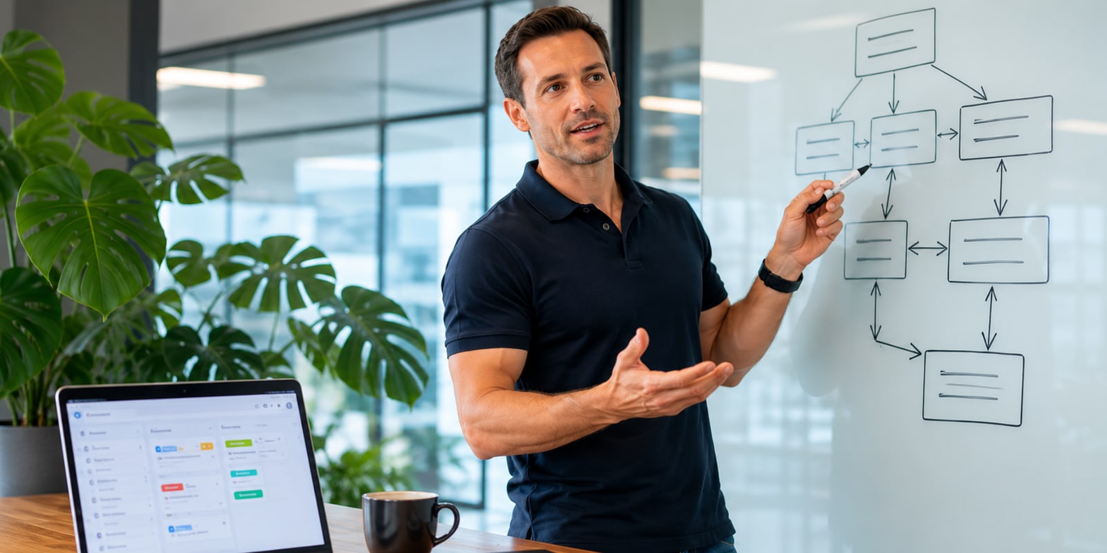 A man at a whiteboard mid-explanation, mapping a workflow in boxes and arrows beside an open laptop